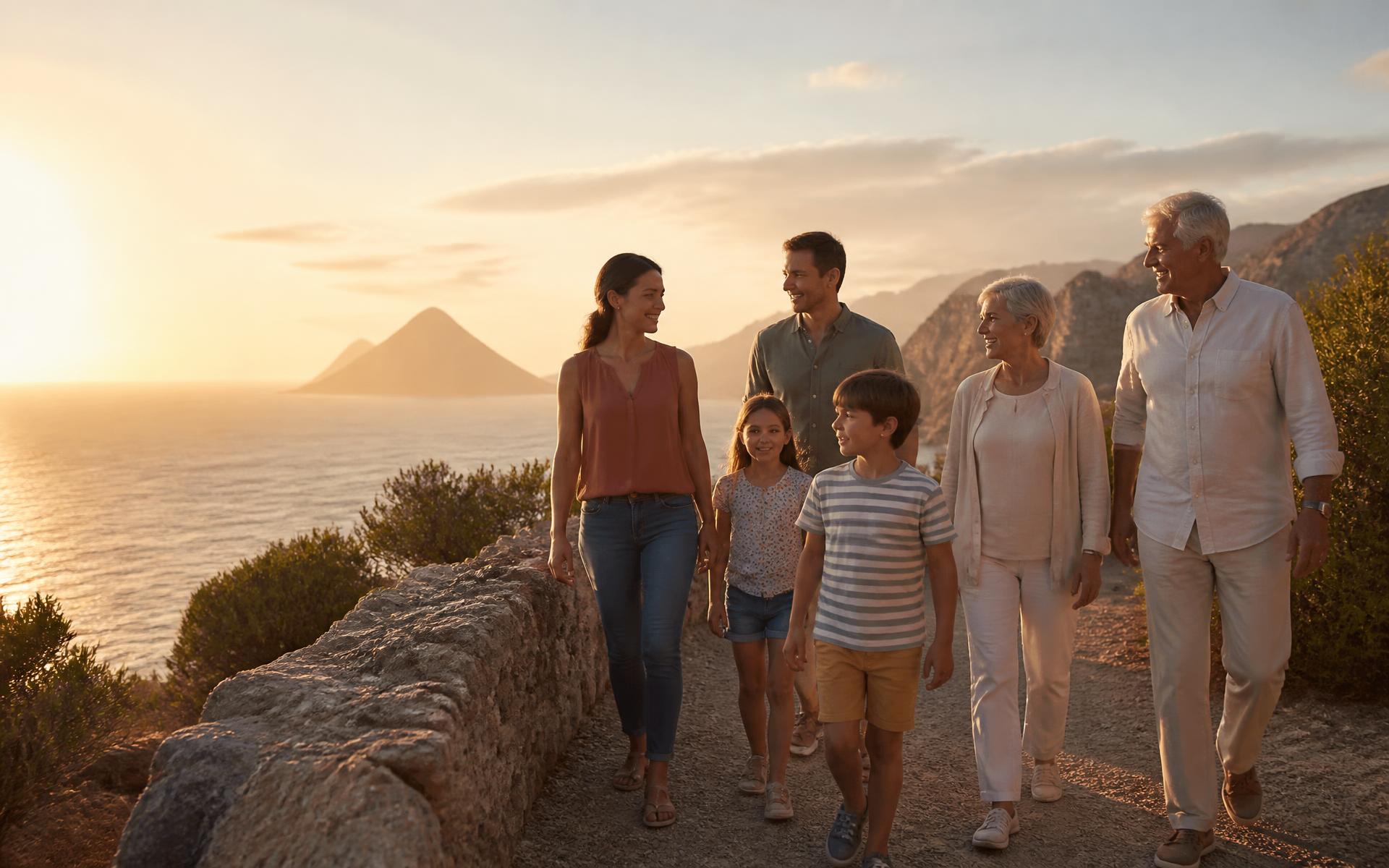 Famiglia con nonni, genitori e bambini insieme in spiaggia in una giornata di sole